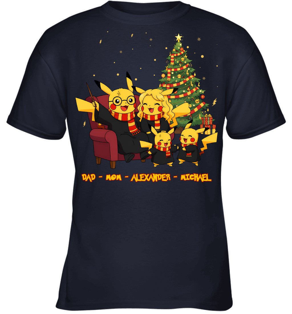 Pikachu x Harry Potter Parents & Sons Custom Name Christmas T-Shirt for Family