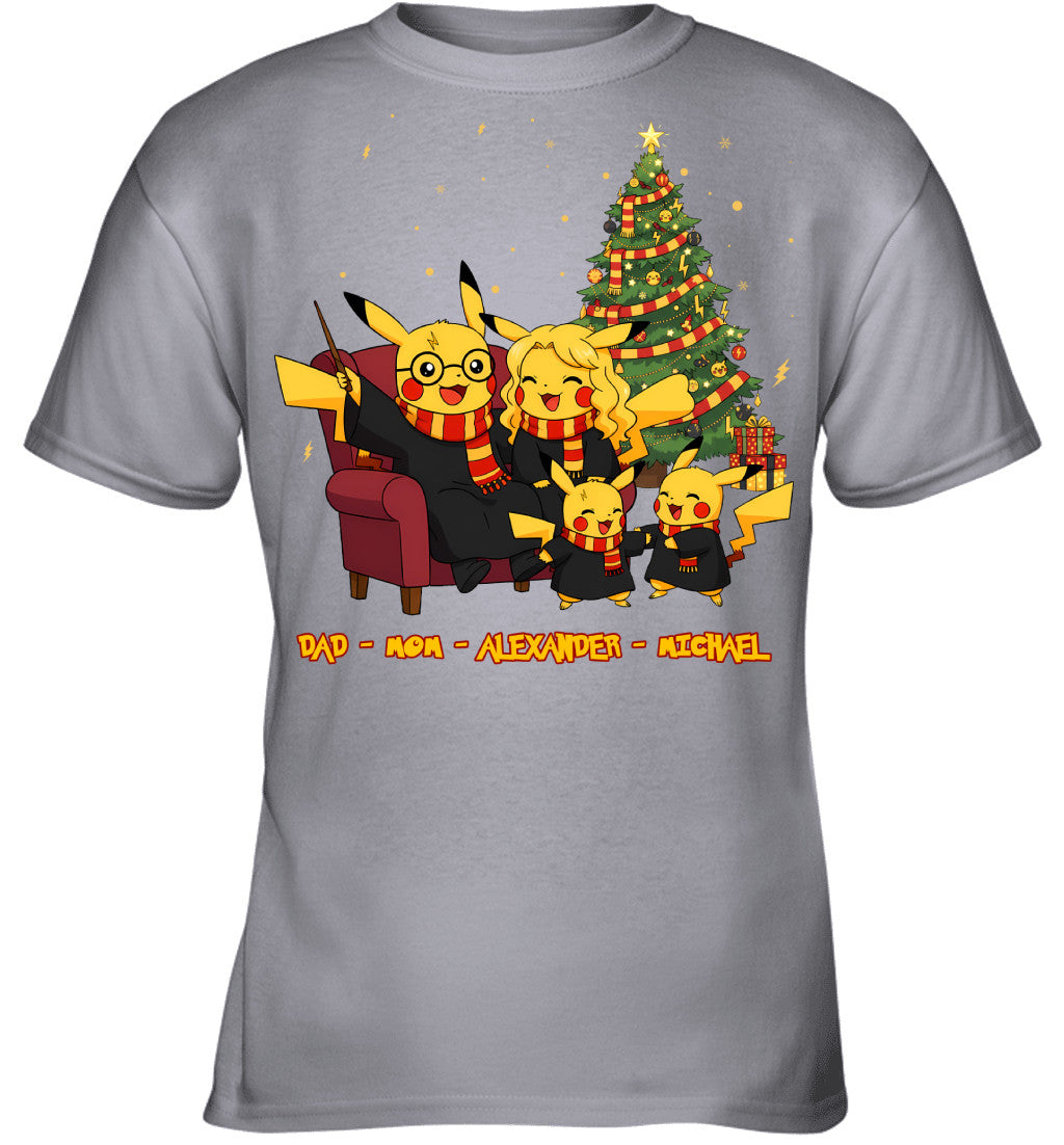 Pikachu x Harry Potter Parents & Sons Custom Name Christmas T-Shirt for Family