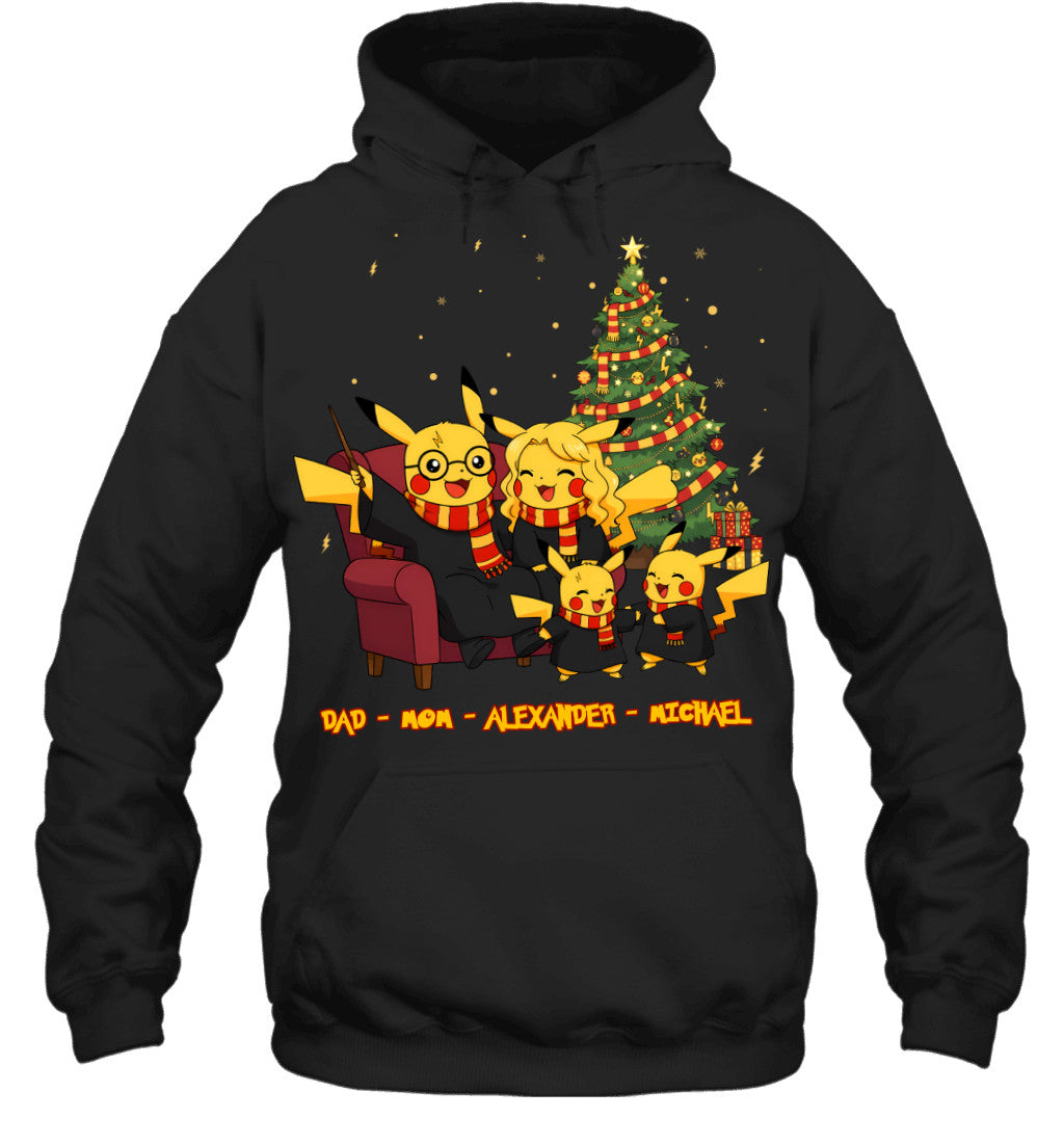 Pikachu x Harry Potter Parents & Sons Custom Name Christmas T-Shirt for Family