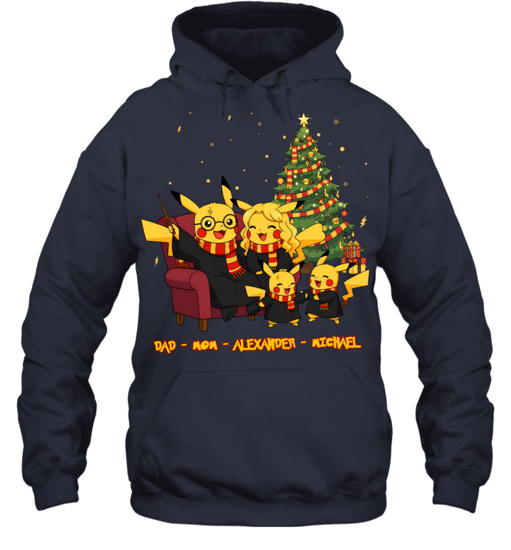 Pikachu x Harry Potter Parents & Sons Custom Name Christmas T-Shirt for Family