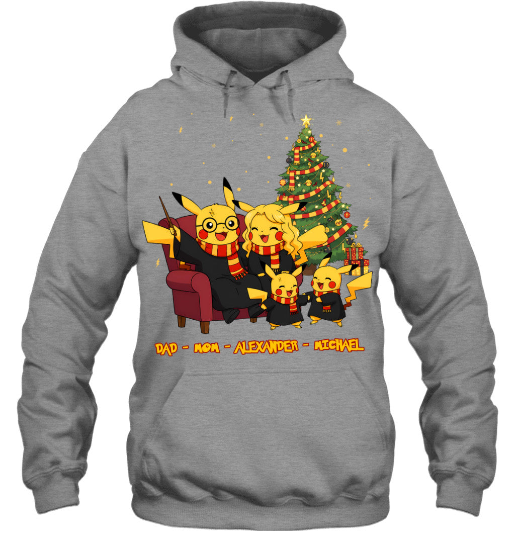 Pikachu x Harry Potter Parents & Sons Custom Name Christmas T-Shirt for Family