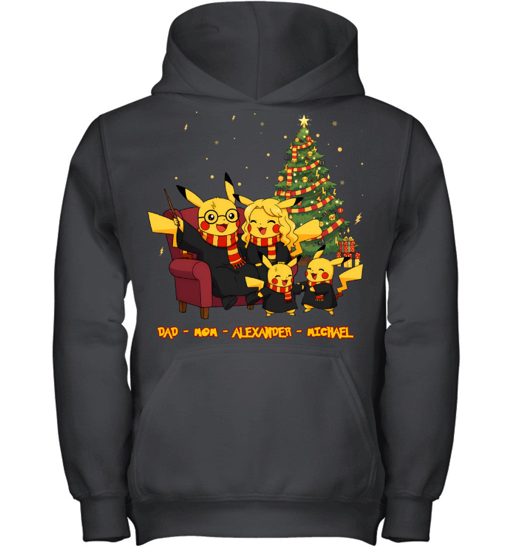 Pikachu x Harry Potter Parents & Sons Custom Name Christmas T-Shirt for Family
