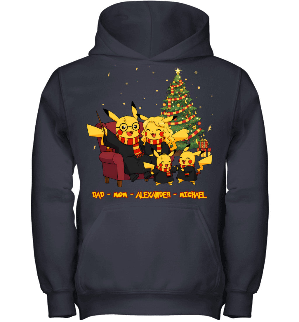 Pikachu x Harry Potter Parents & Sons Custom Name Christmas T-Shirt for Family