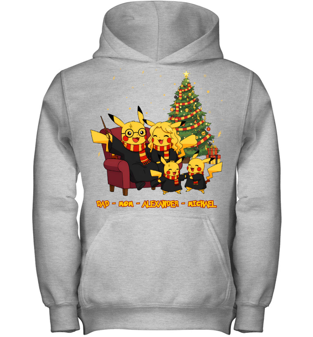 Pikachu x Harry Potter Parents & Sons Custom Name Christmas T-Shirt for Family