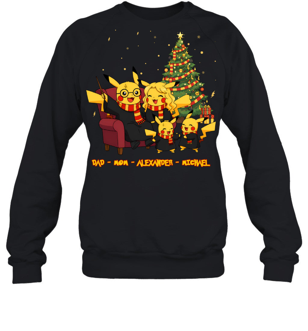 Pikachu x Harry Potter Parents & Sons Custom Name Christmas T-Shirt for Family