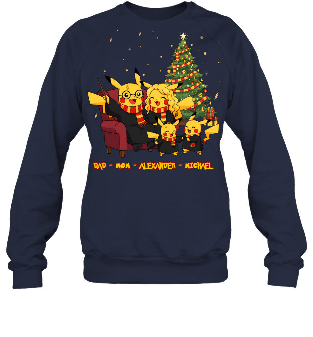 Pikachu x Harry Potter Parents & Sons Custom Name Christmas T-Shirt for Family