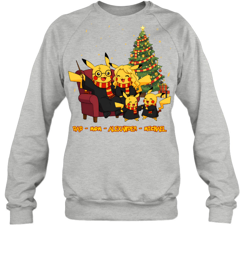 Pikachu x Harry Potter Parents & Sons Custom Name Christmas T-Shirt for Family