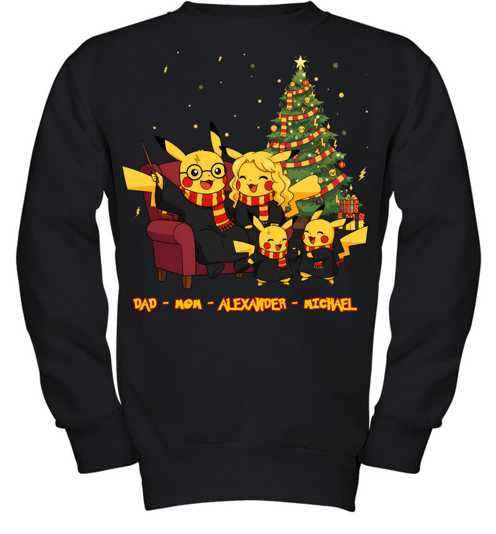 Pikachu x Harry Potter Parents & Sons Custom Name Christmas T-Shirt for Family