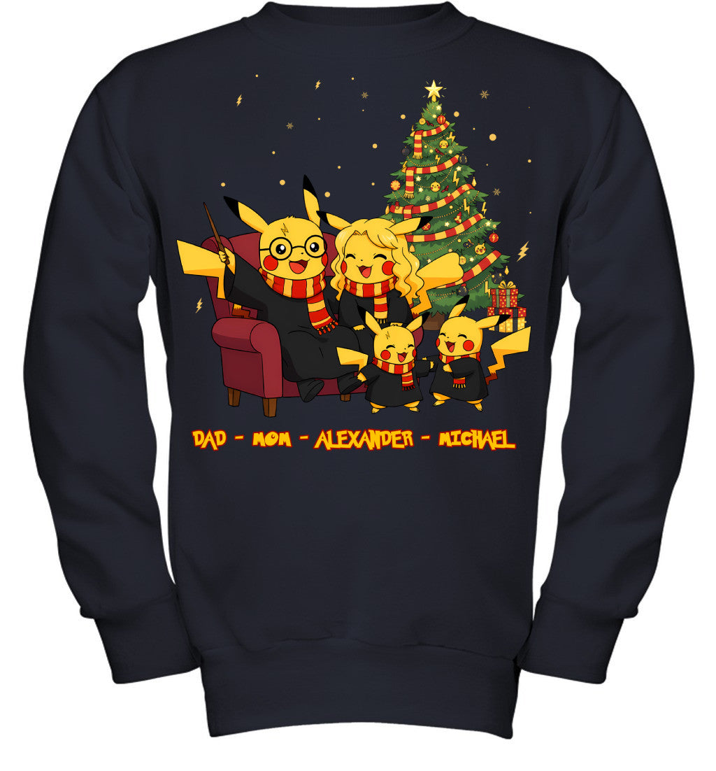 Pikachu x Harry Potter Parents & Sons Custom Name Christmas T-Shirt for Family
