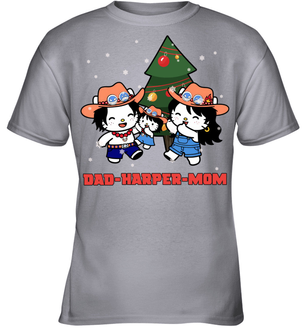 Hello Kitty x Portgas D. Ace Parents & Daughter Custom Name Christmas T-Shirt for Family