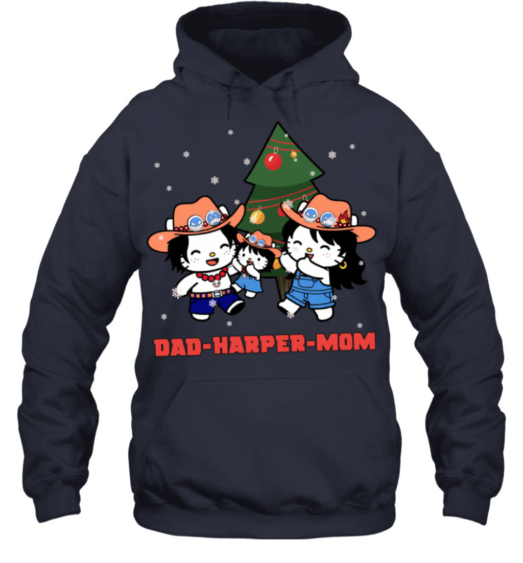 Hello Kitty x Portgas D. Ace Parents & Daughter Custom Name Christmas T-Shirt for Family