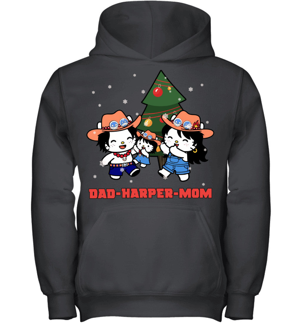 Hello Kitty x Portgas D. Ace Parents & Daughter Custom Name Christmas T-Shirt for Family