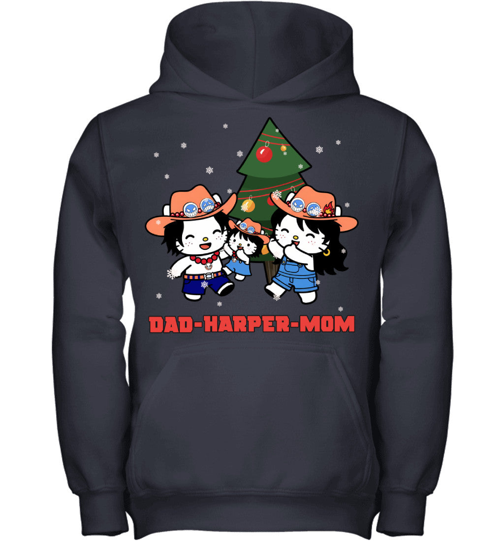 Hello Kitty x Portgas D. Ace Parents & Daughter Custom Name Christmas T-Shirt for Family