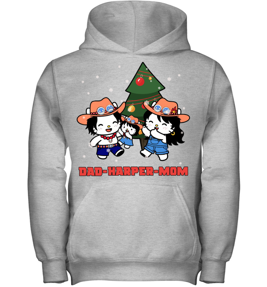 Hello Kitty x Portgas D. Ace Parents & Daughter Custom Name Christmas T-Shirt for Family