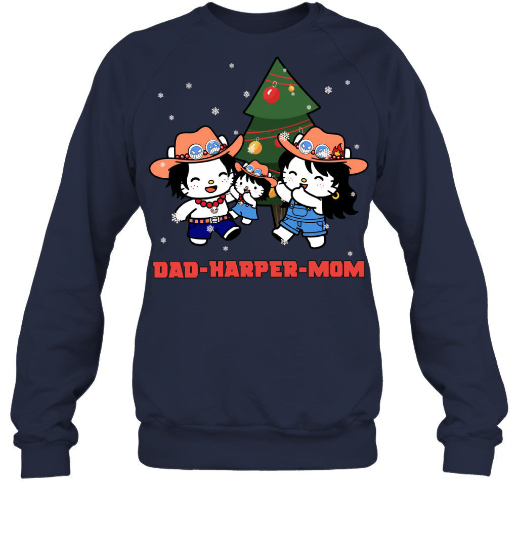 Hello Kitty x Portgas D. Ace Parents & Daughter Custom Name Christmas T-Shirt for Family