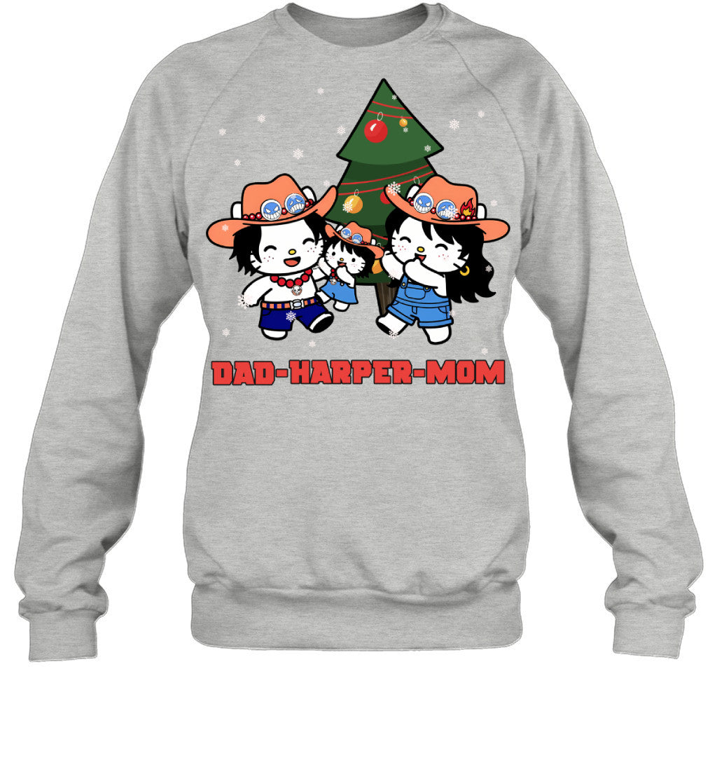 Hello Kitty x Portgas D. Ace Parents & Daughter Custom Name Christmas T-Shirt for Family