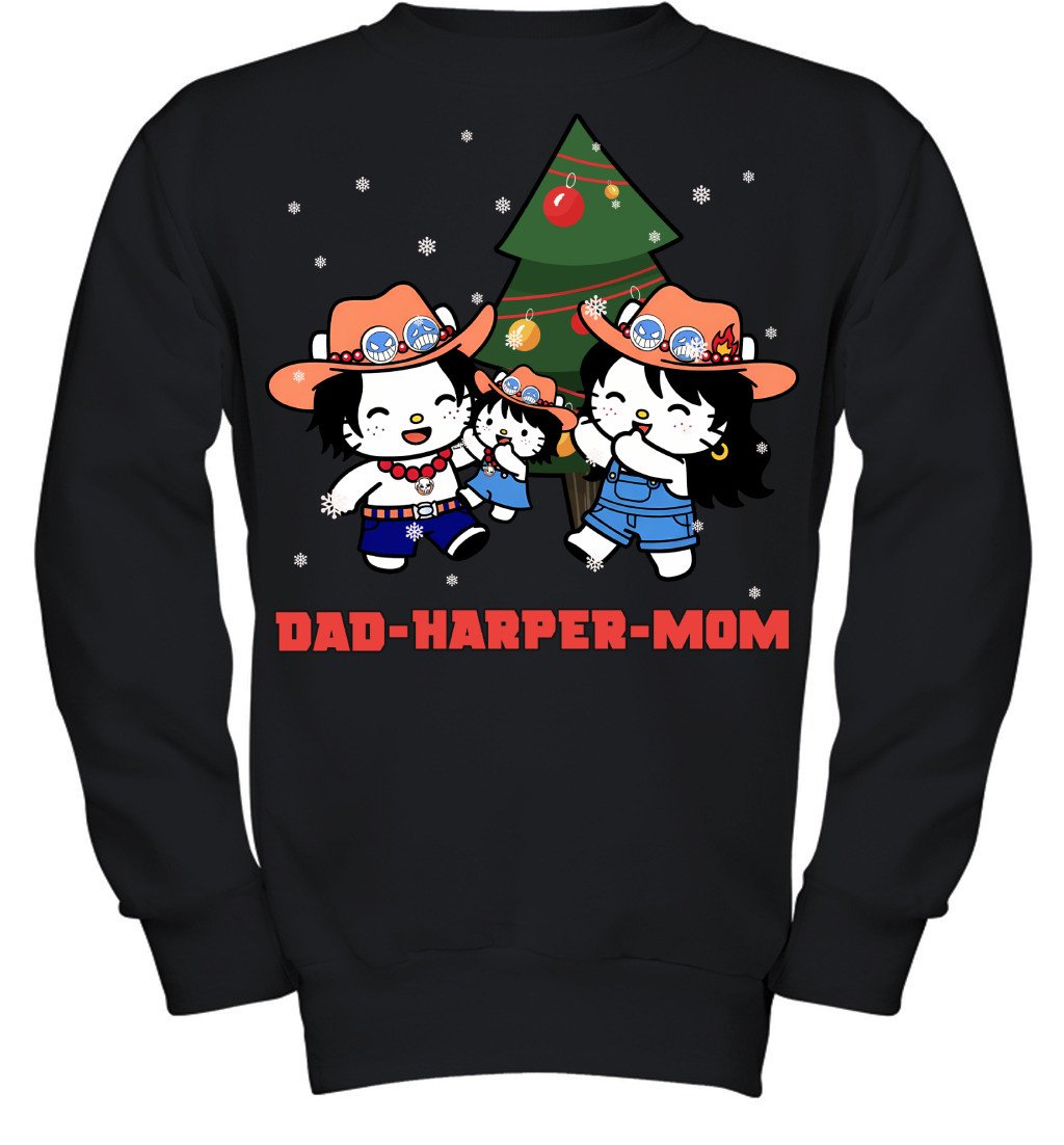 Hello Kitty x Portgas D. Ace Parents & Daughter Custom Name Christmas T-Shirt for Family