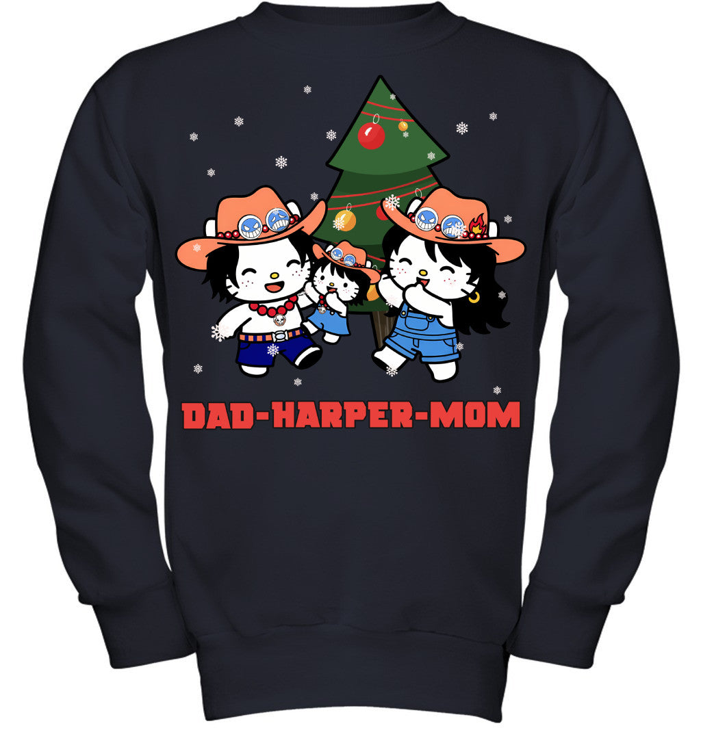 Hello Kitty x Portgas D. Ace Parents & Daughter Custom Name Christmas T-Shirt for Family