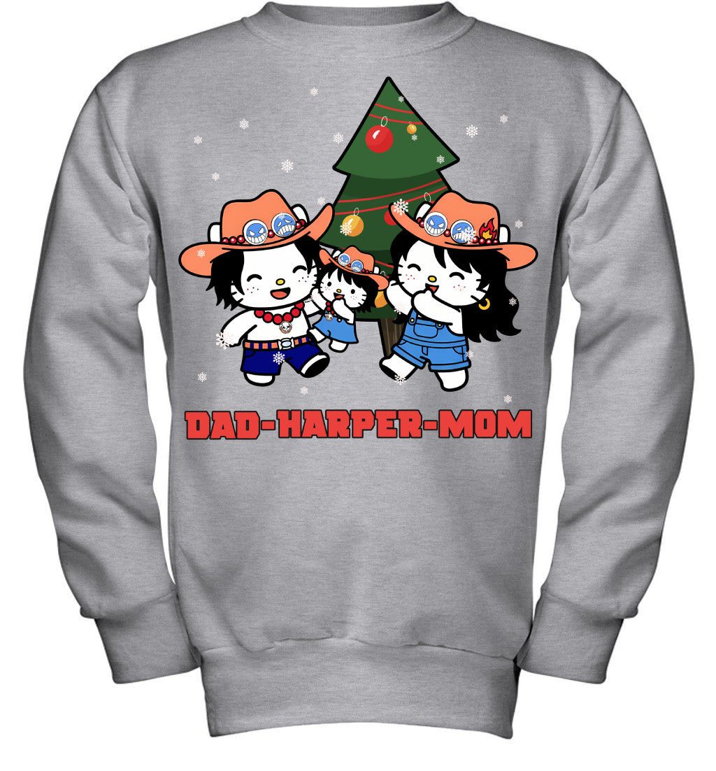 Hello Kitty x Portgas D. Ace Parents & Daughter Custom Name Christmas T-Shirt for Family