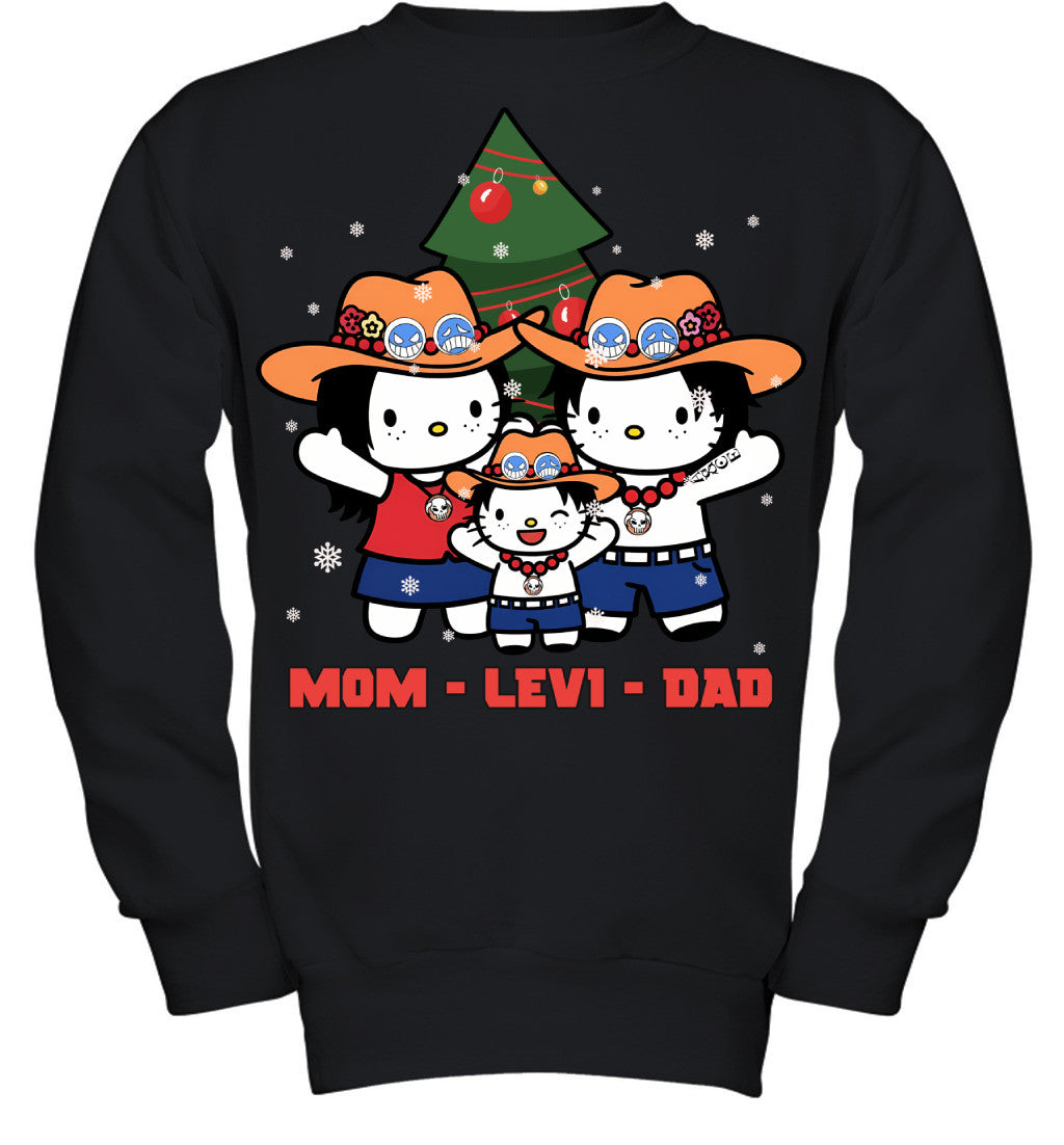 Hello Kitty x Portgas D. Ace Parents & Son Custom Name Christmas T-Shirt for Family