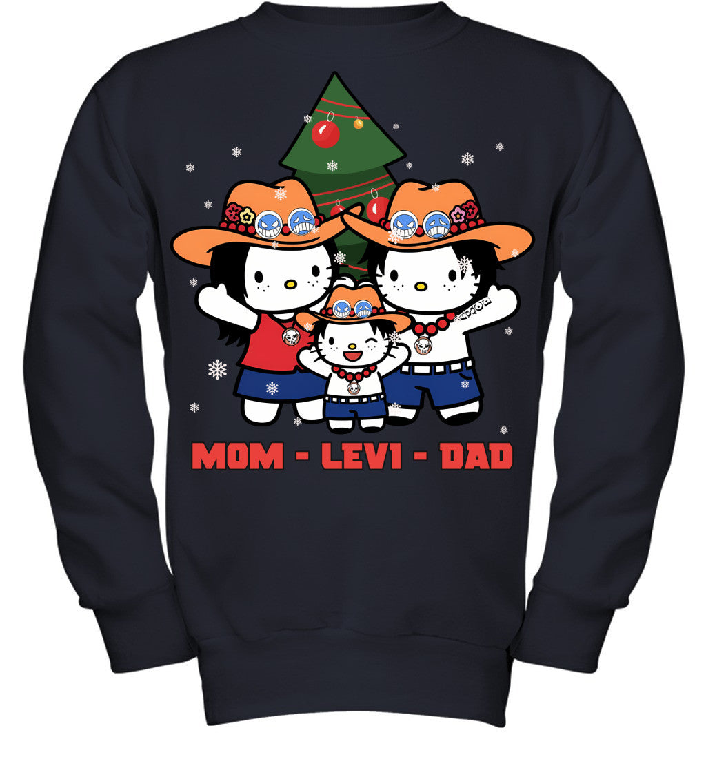 Hello Kitty x Portgas D. Ace Parents & Son Custom Name Christmas T-Shirt for Family