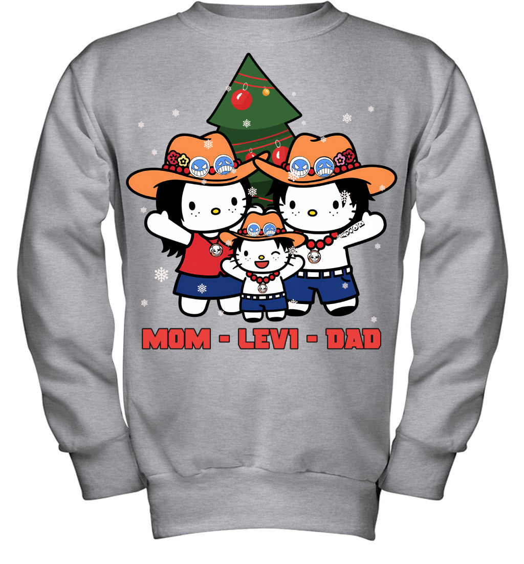 Hello Kitty x Portgas D. Ace Parents & Son Custom Name Christmas T-Shirt for Family