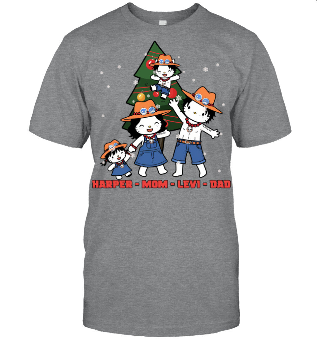 Hello Kitty x Portgas D. Ace Parents & Kids Custom Name Christmas T-Shirt for Family