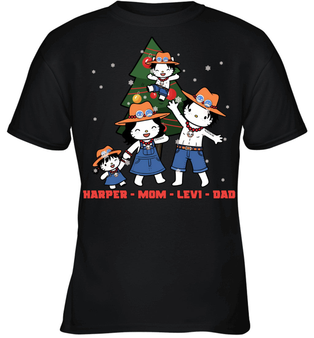 Hello Kitty x Portgas D. Ace Parents & Kids Custom Name Christmas T-Shirt for Family