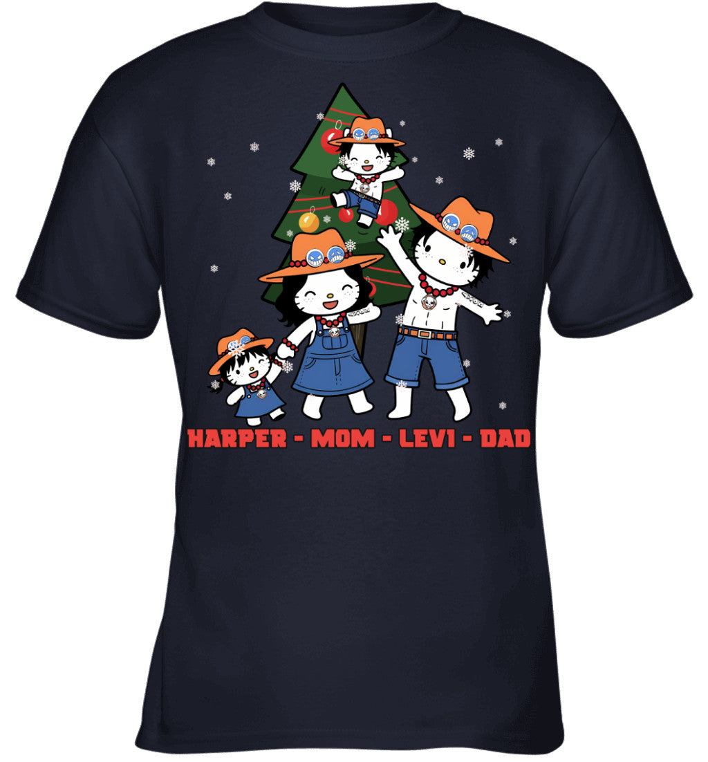 Hello Kitty x Portgas D. Ace Parents & Kids Custom Name Christmas T-Shirt for Family