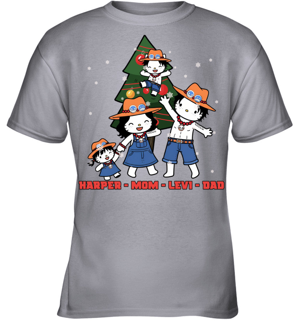 Hello Kitty x Portgas D. Ace Parents & Kids Custom Name Christmas T-Shirt for Family