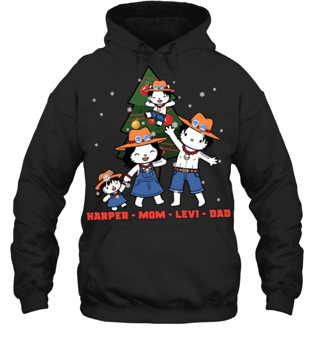 Hello Kitty x Portgas D. Ace Parents & Kids Custom Name Christmas T-Shirt for Family