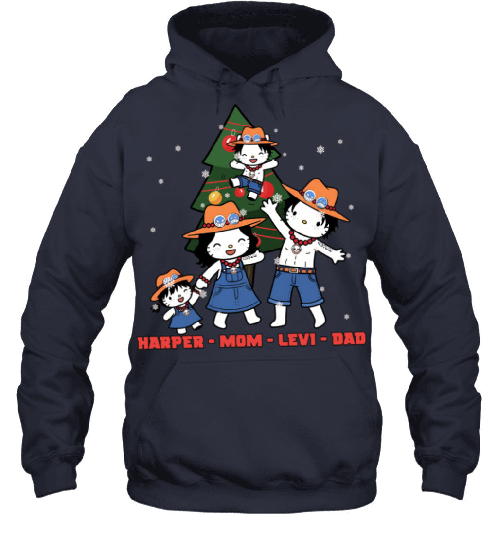 Hello Kitty x Portgas D. Ace Parents & Kids Custom Name Christmas T-Shirt for Family