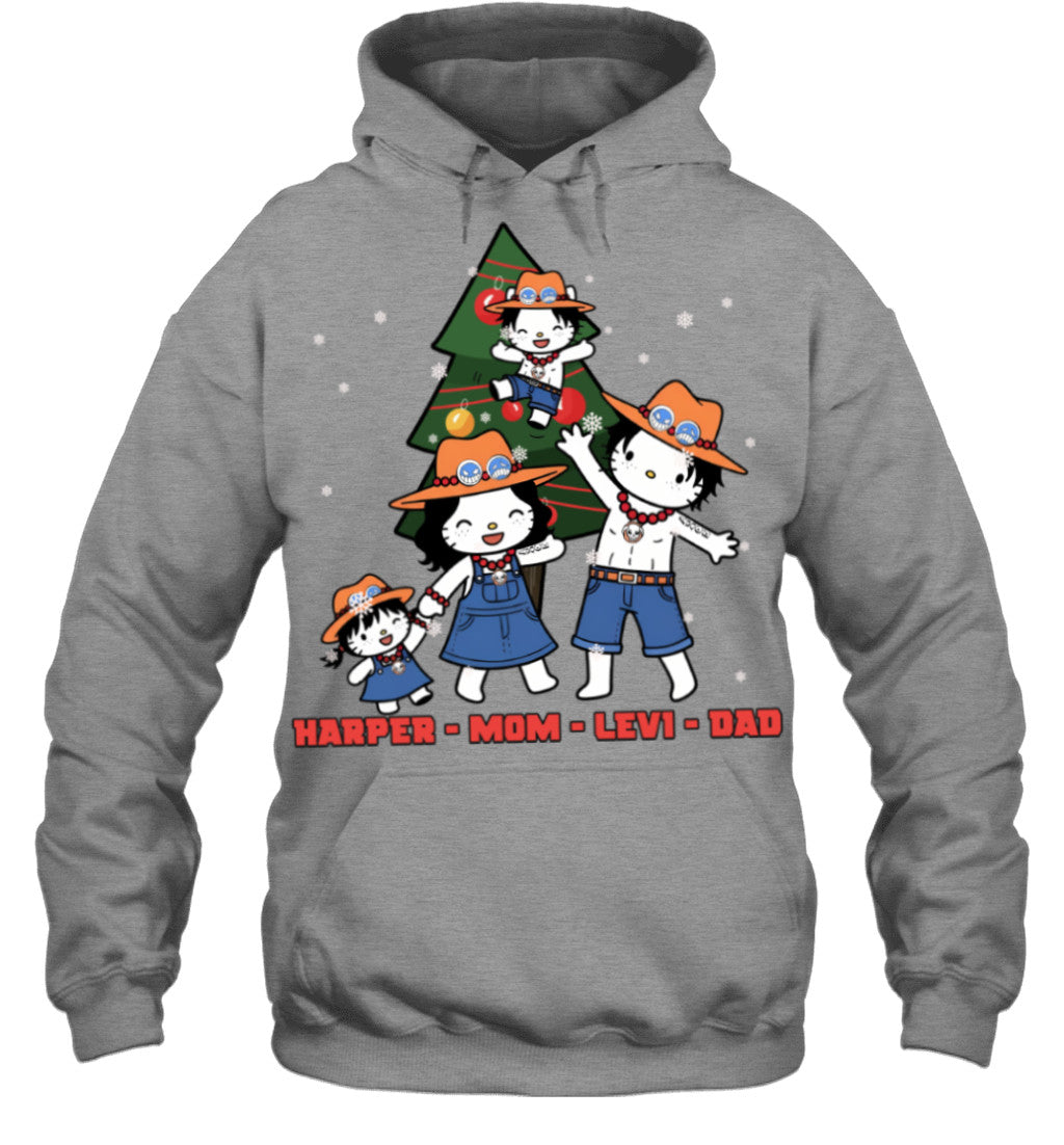 Hello Kitty x Portgas D. Ace Parents & Kids Custom Name Christmas T-Shirt for Family