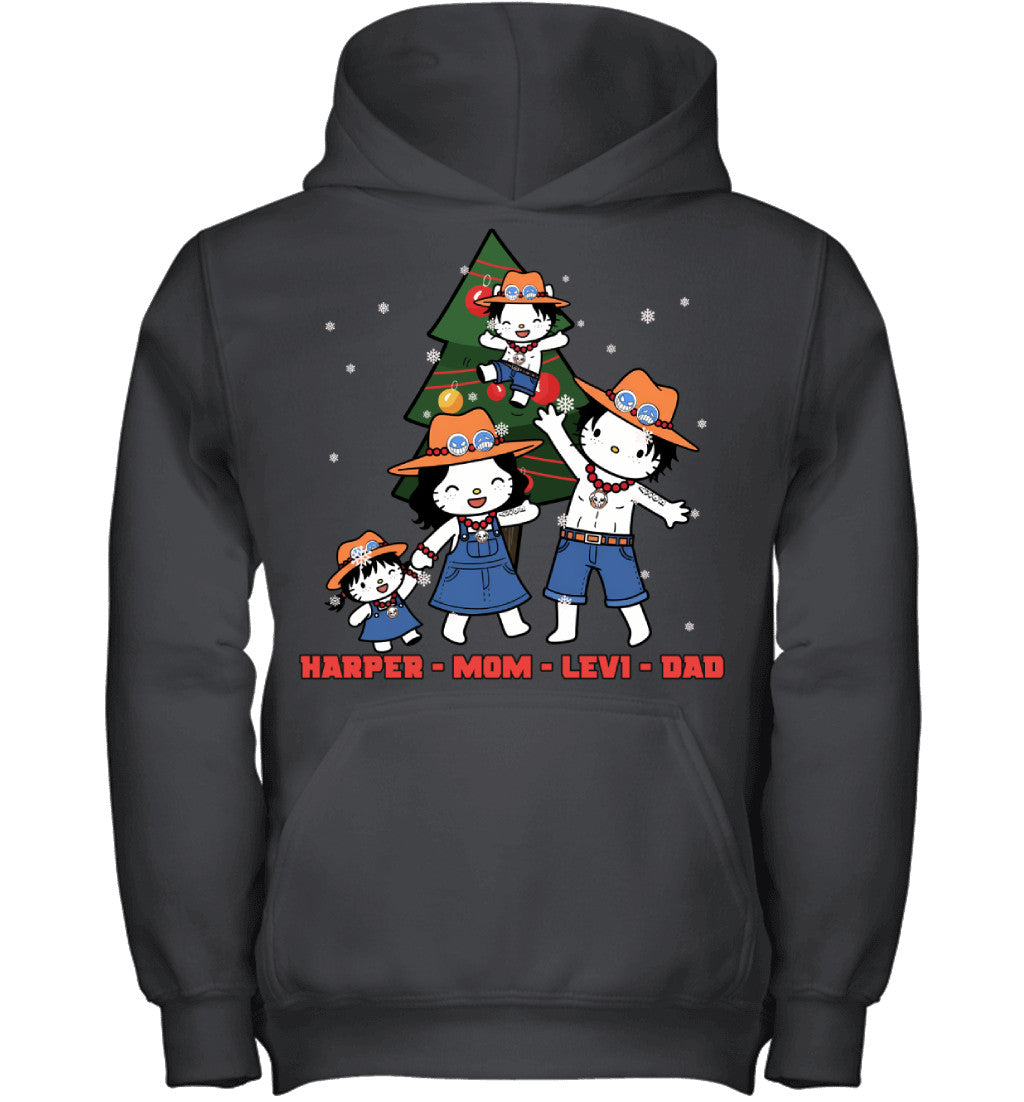 Hello Kitty x Portgas D. Ace Parents & Kids Custom Name Christmas T-Shirt for Family