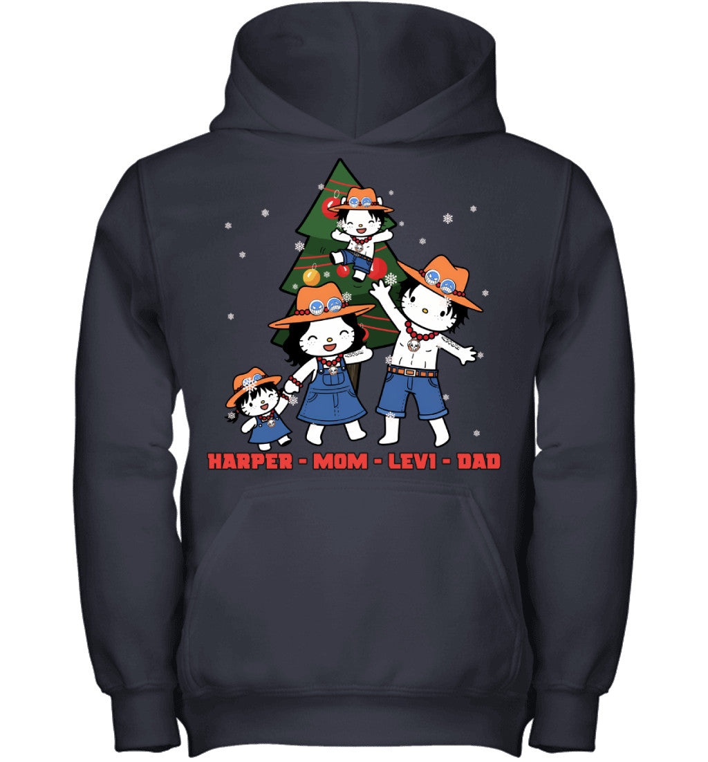 Hello Kitty x Portgas D. Ace Parents & Kids Custom Name Christmas T-Shirt for Family