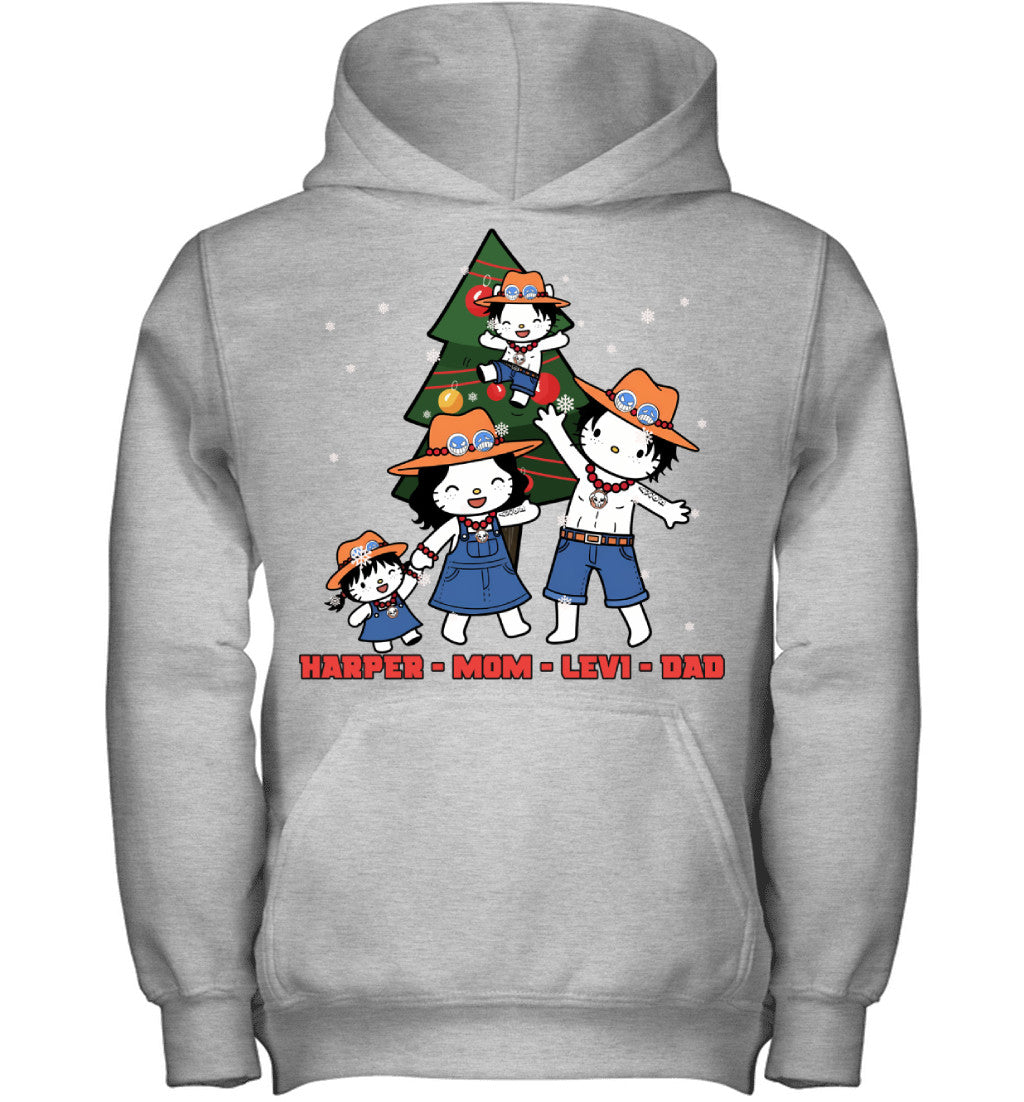 Hello Kitty x Portgas D. Ace Parents & Kids Custom Name Christmas T-Shirt for Family