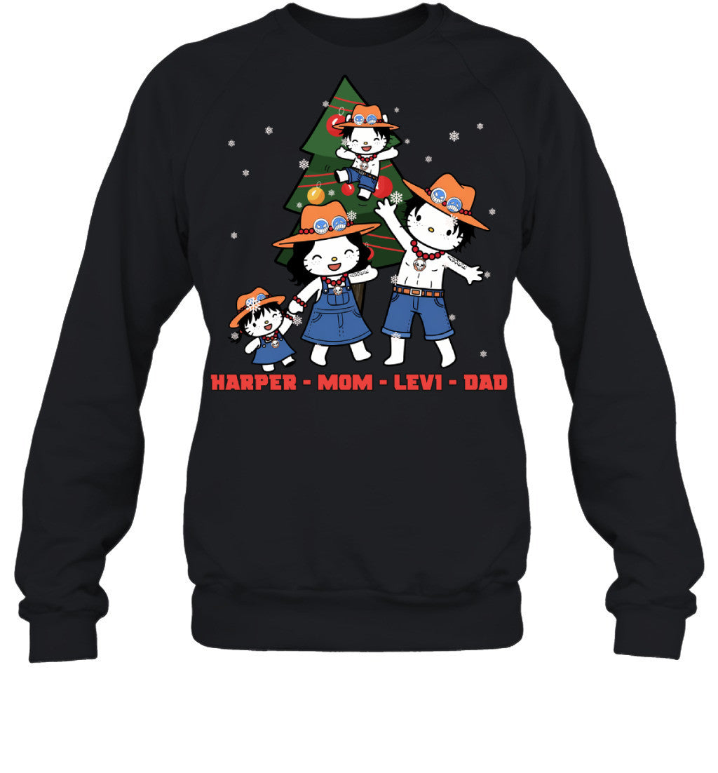 Hello Kitty x Portgas D. Ace Parents & Kids Custom Name Christmas T-Shirt for Family