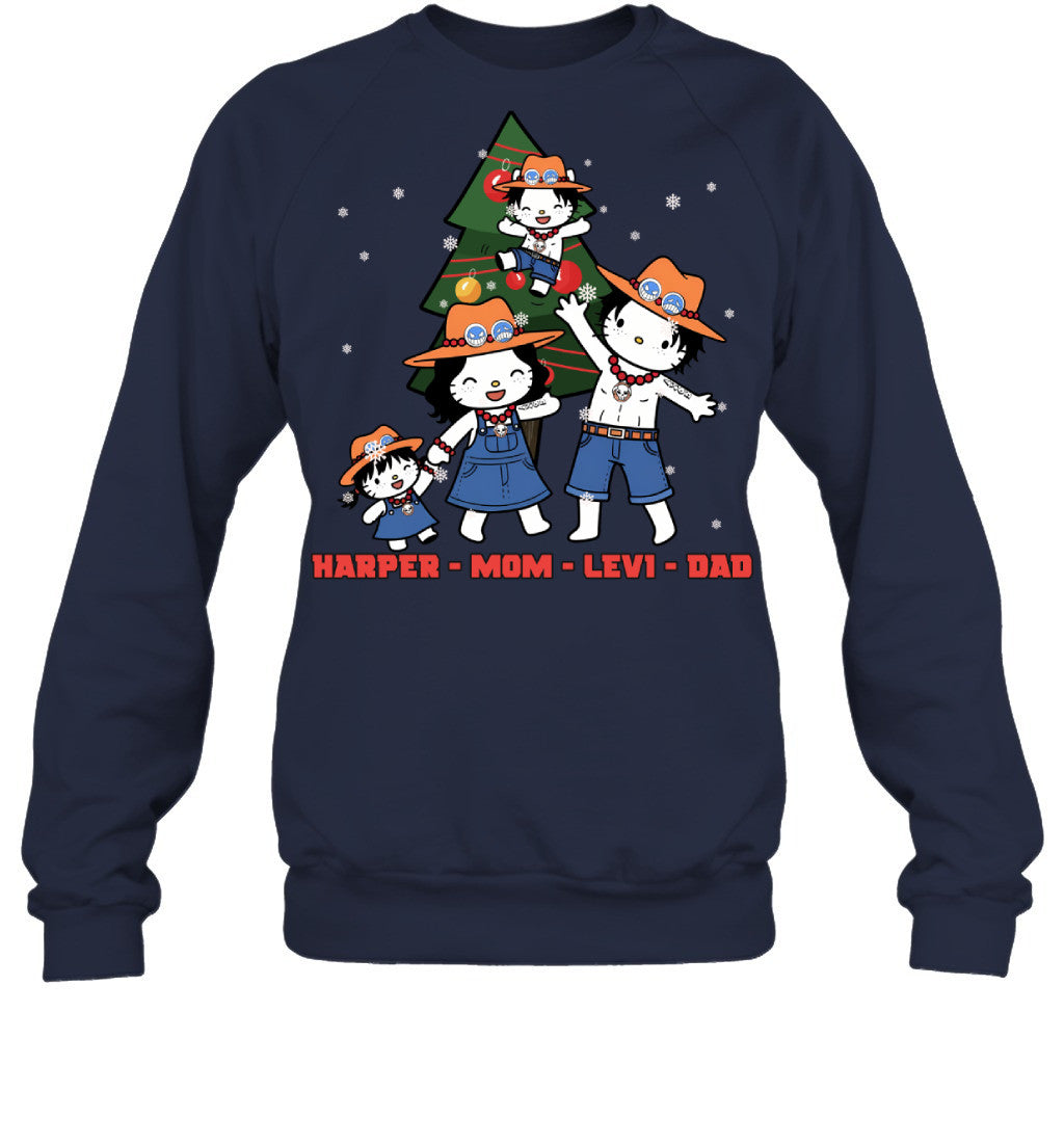 Hello Kitty x Portgas D. Ace Parents & Kids Custom Name Christmas T-Shirt for Family