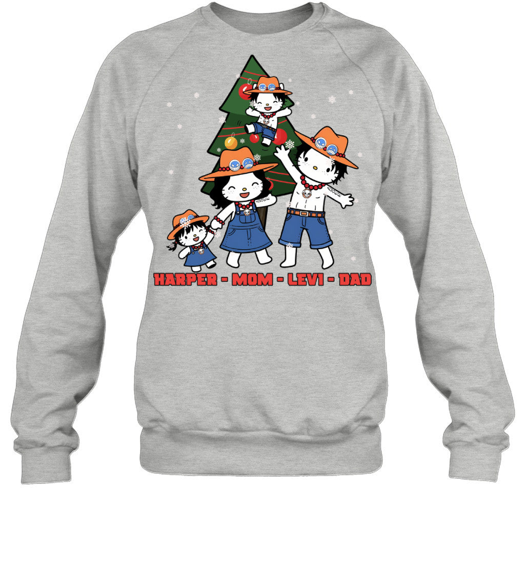 Hello Kitty x Portgas D. Ace Parents & Kids Custom Name Christmas T-Shirt for Family