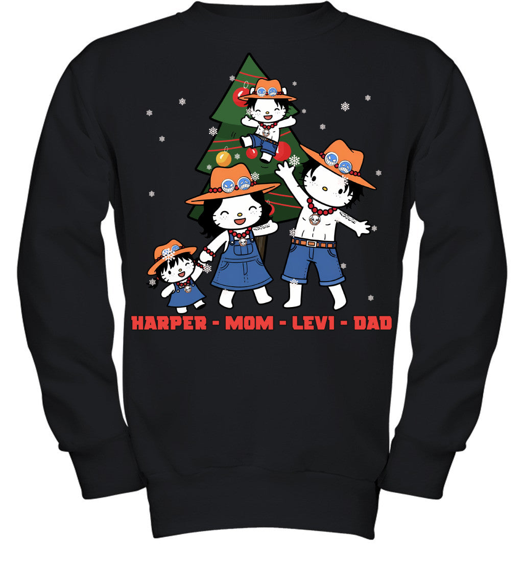 Hello Kitty x Portgas D. Ace Parents & Kids Custom Name Christmas T-Shirt for Family