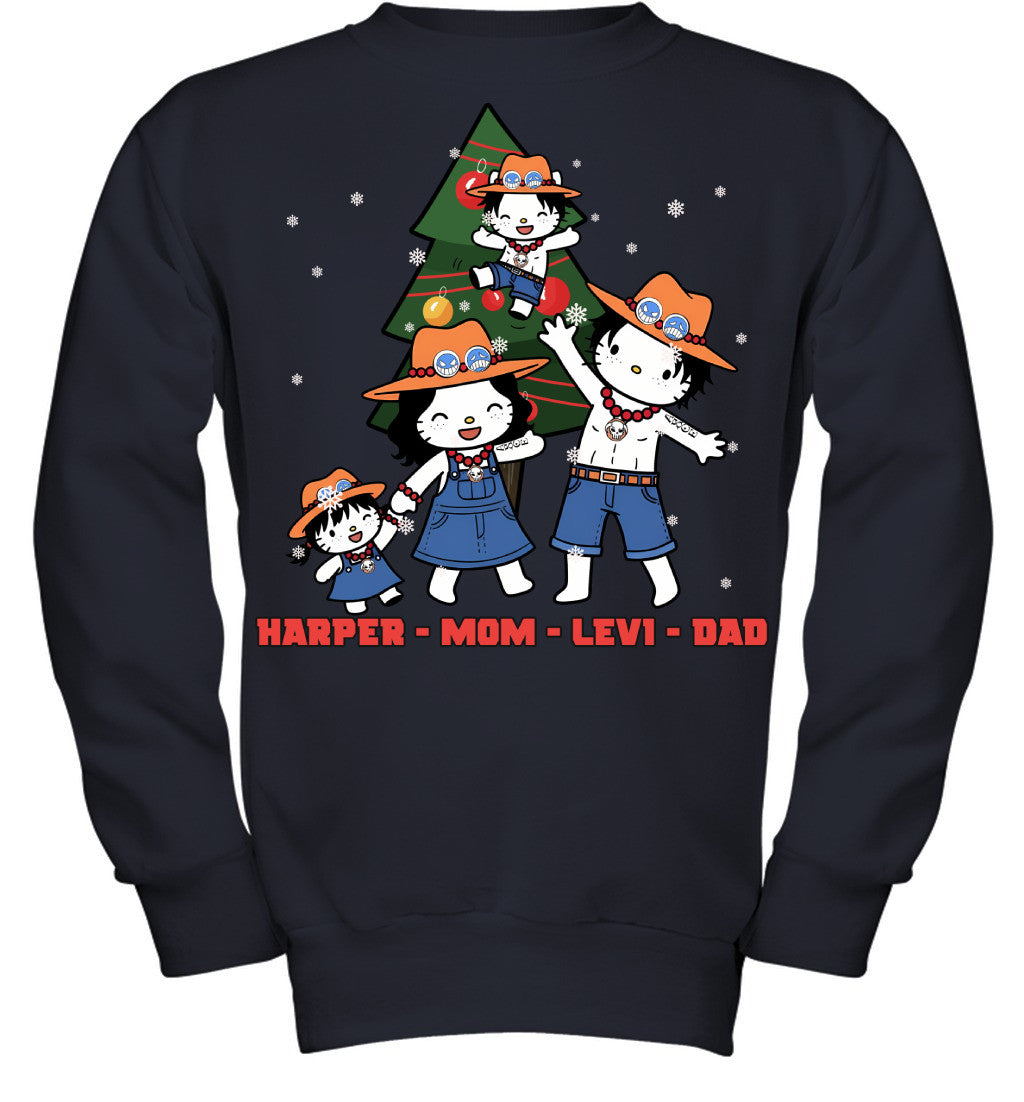 Hello Kitty x Portgas D. Ace Parents & Kids Custom Name Christmas T-Shirt for Family