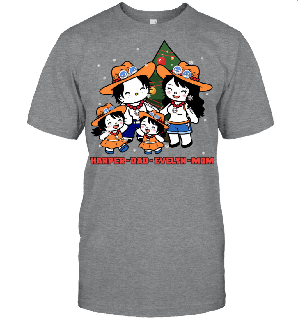 Hello Kitty x Portgas D. Ace Parents & Daughters Custom Name Christmas T-Shirt for Family
