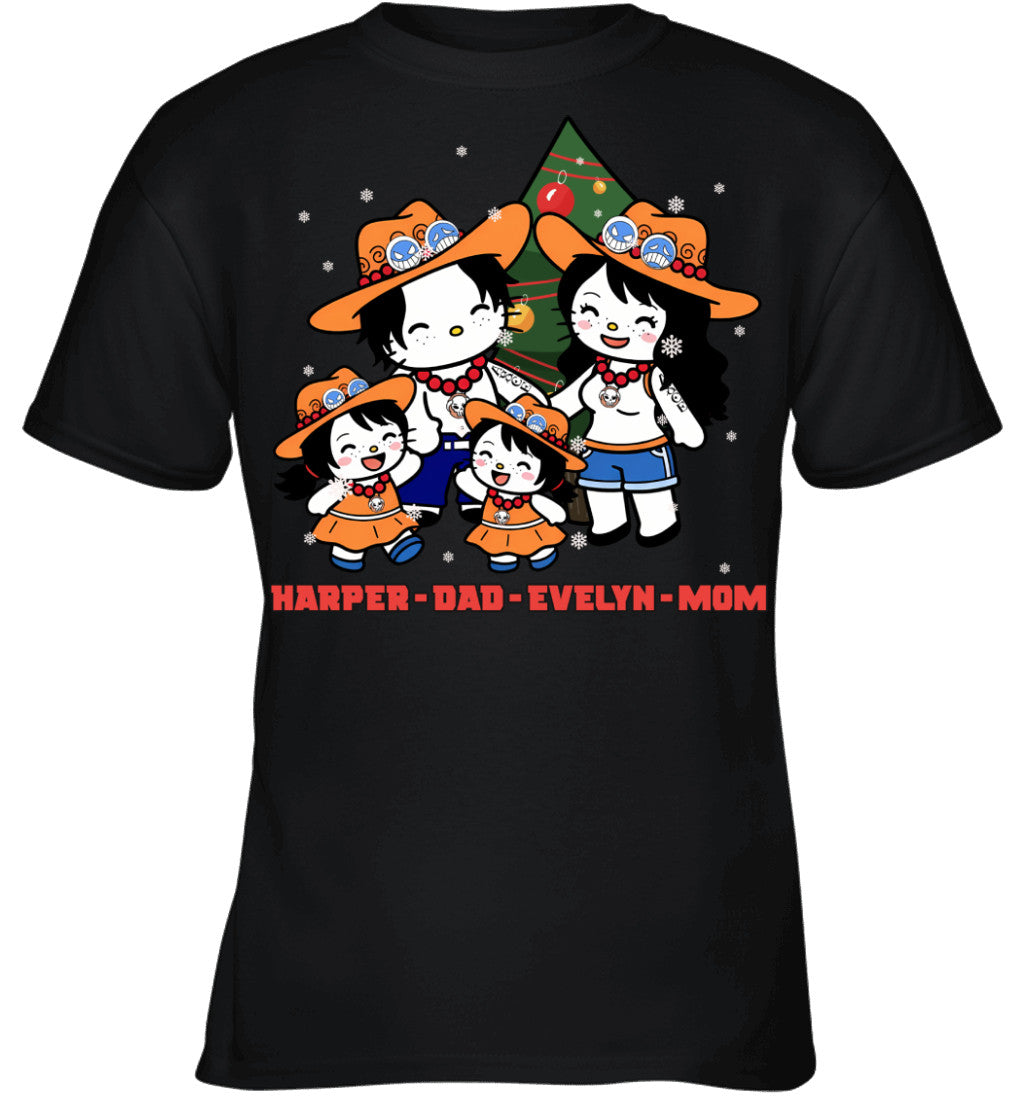 Hello Kitty x Portgas D. Ace Parents & Daughters Custom Name Christmas T-Shirt for Family