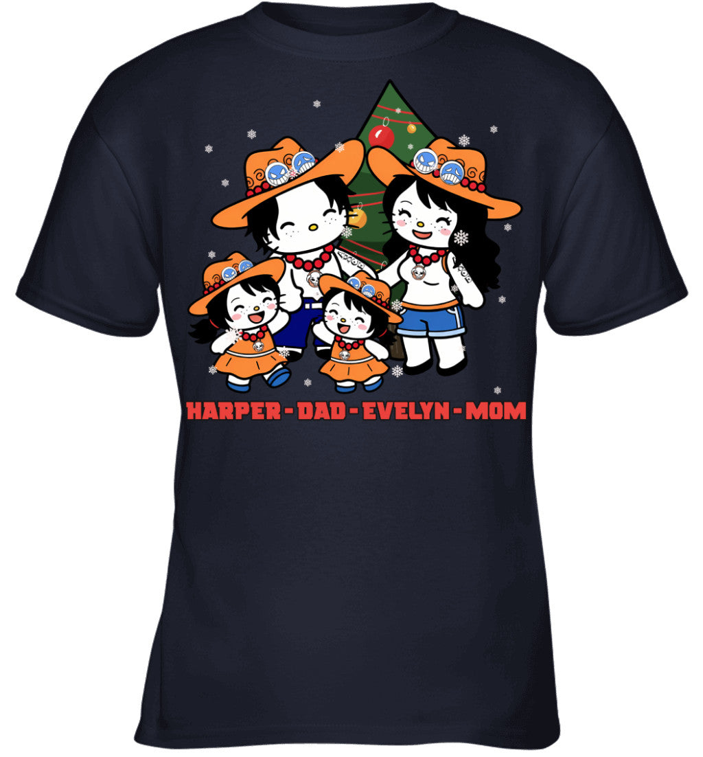Hello Kitty x Portgas D. Ace Parents & Daughters Custom Name Christmas T-Shirt for Family
