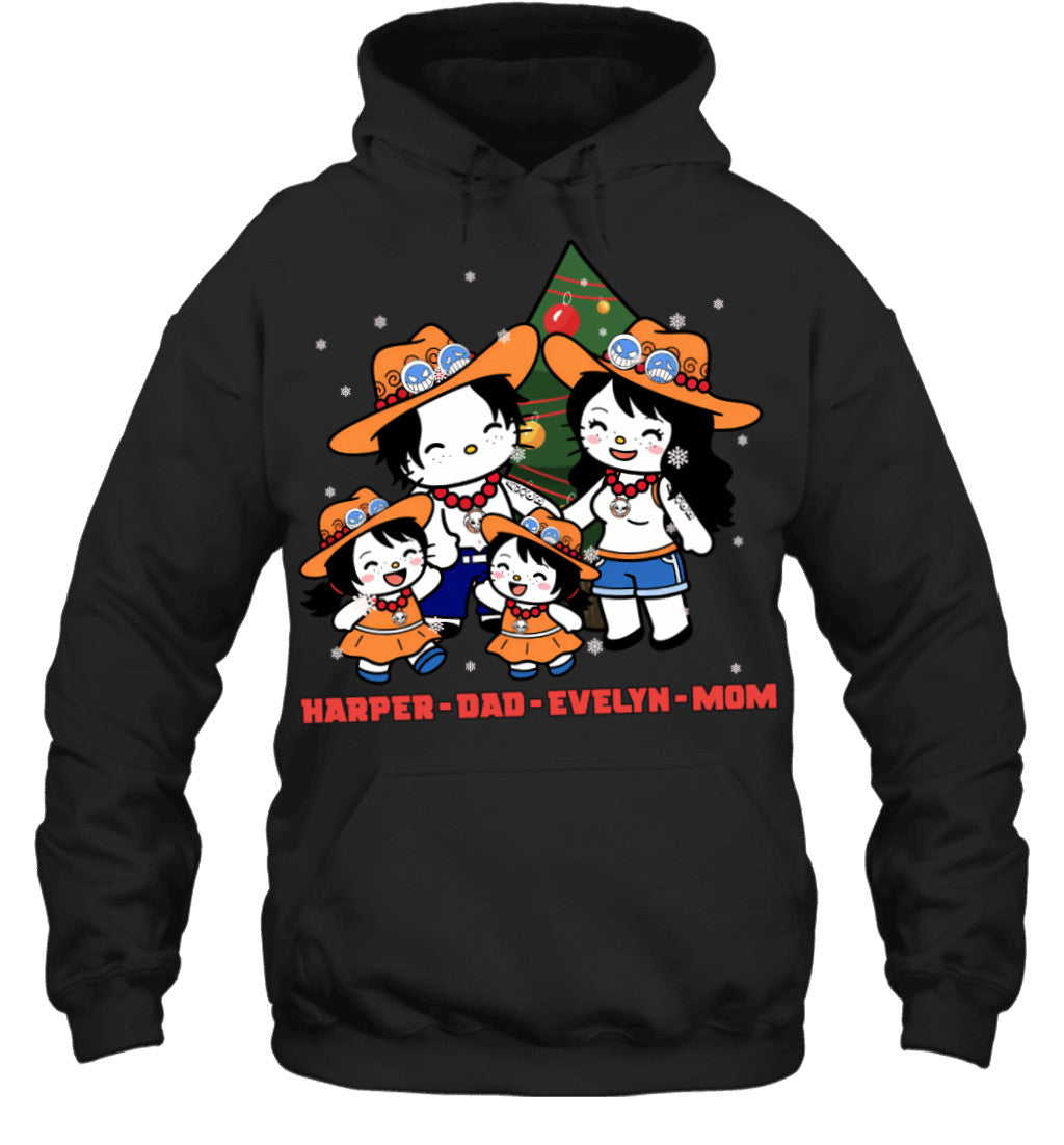 Hello Kitty x Portgas D. Ace Parents & Daughters Custom Name Christmas T-Shirt for Family