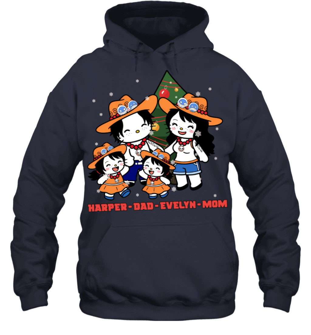 Hello Kitty x Portgas D. Ace Parents & Daughters Custom Name Christmas T-Shirt for Family