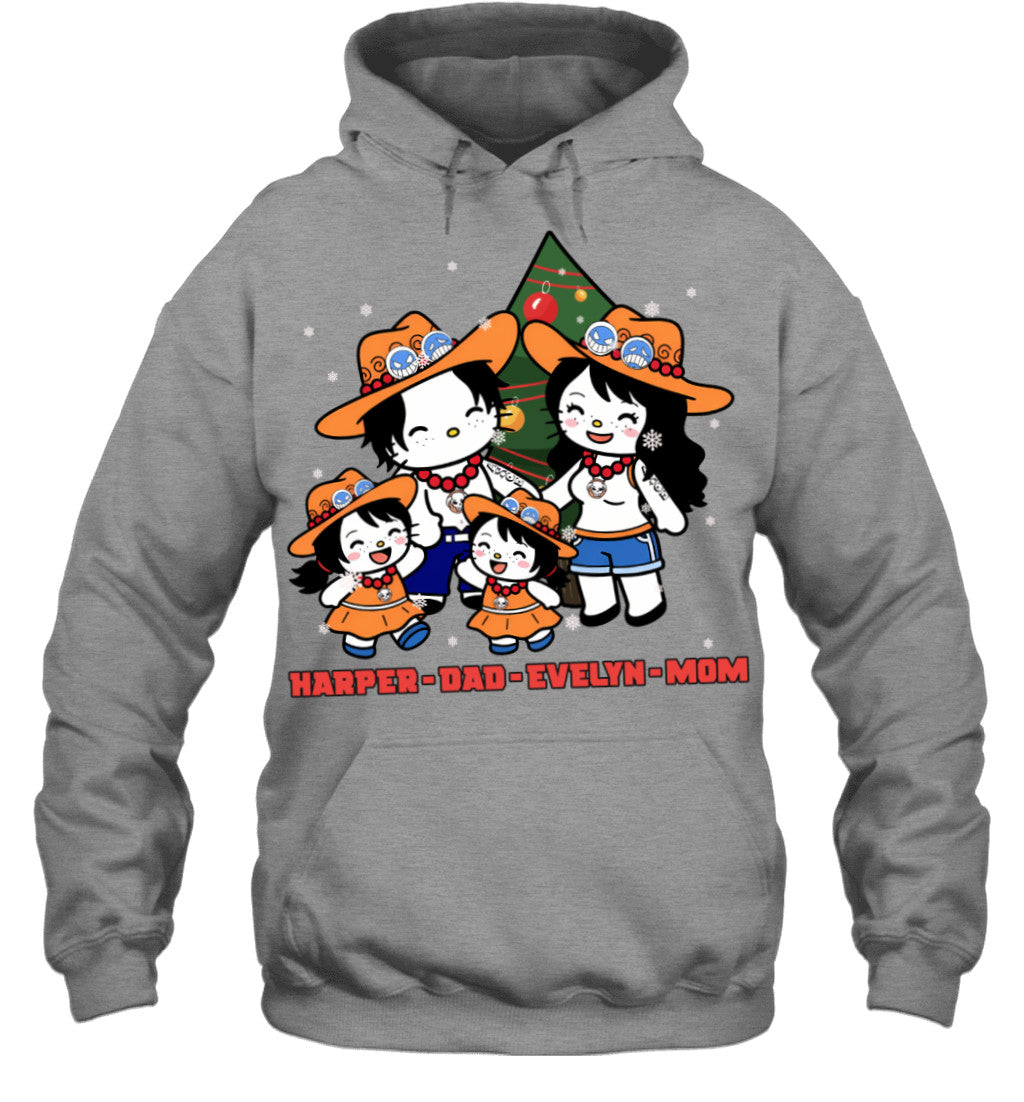 Hello Kitty x Portgas D. Ace Parents & Daughters Custom Name Christmas T-Shirt for Family