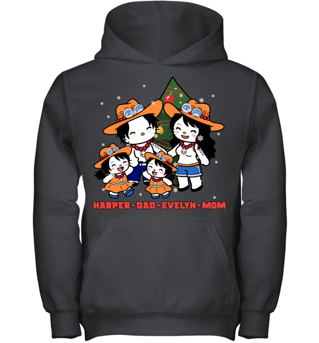 Hello Kitty x Portgas D. Ace Parents & Daughters Custom Name Christmas T-Shirt for Family
