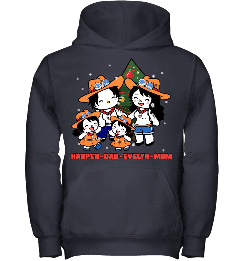 Hello Kitty x Portgas D. Ace Parents & Daughters Custom Name Christmas T-Shirt for Family