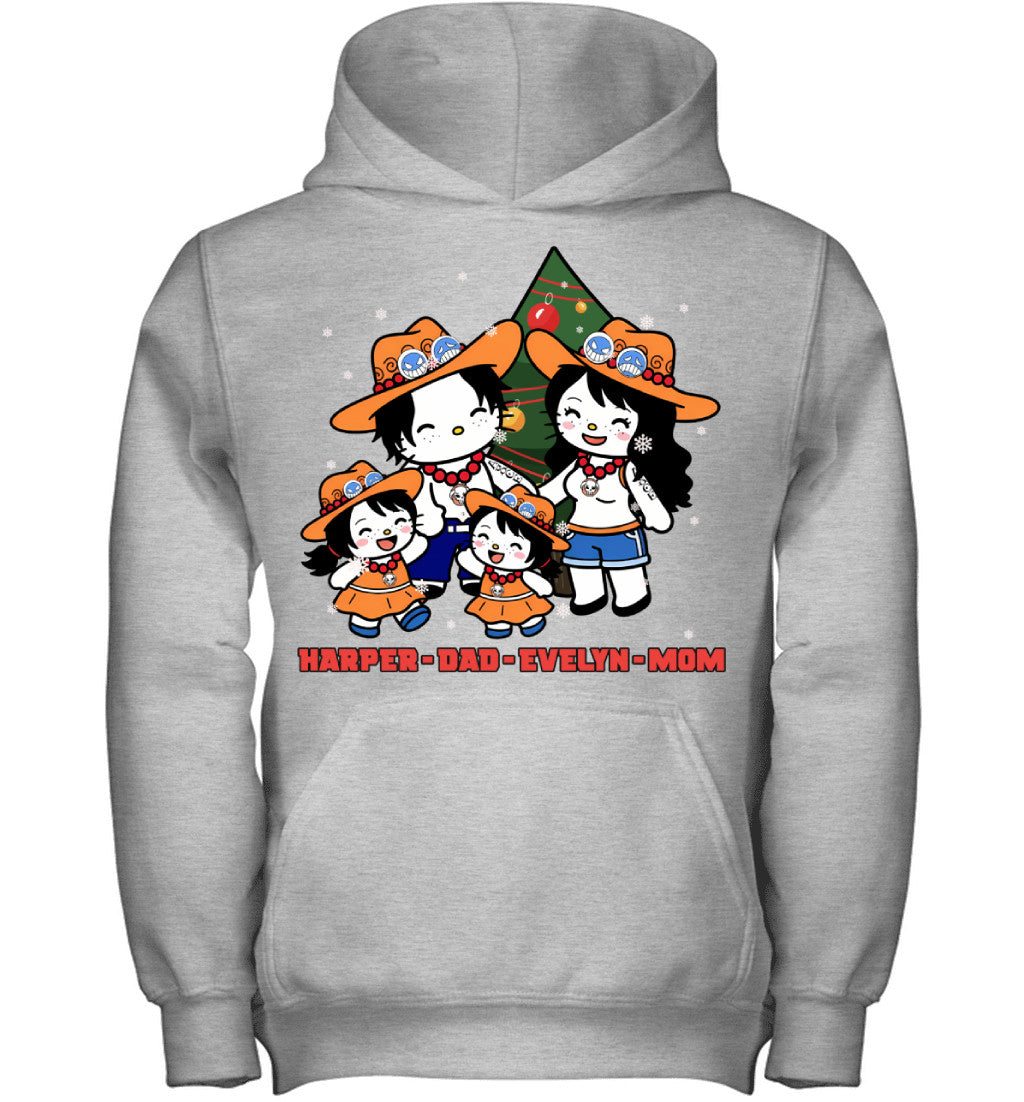 Hello Kitty x Portgas D. Ace Parents & Daughters Custom Name Christmas T-Shirt for Family